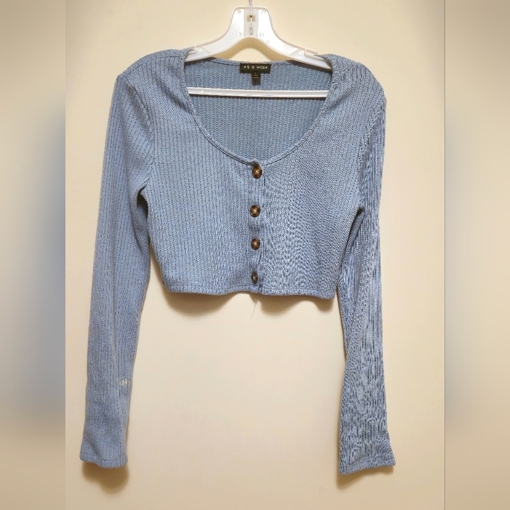 Gray Blue Ribbed Long Sleeve Crop Top As U Wish Size Large Poly\Rayon